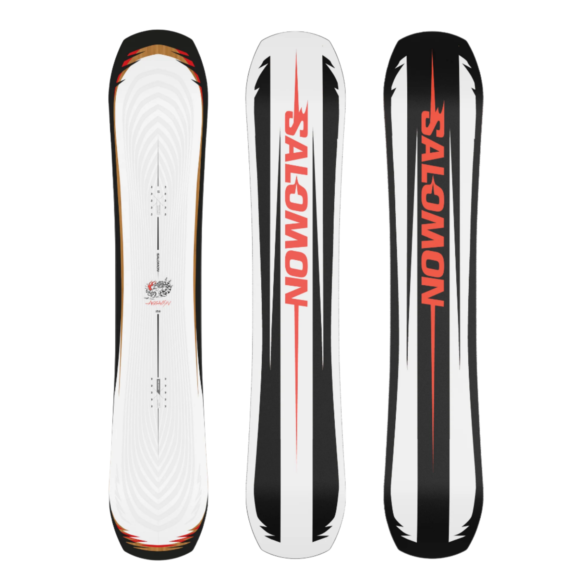 Salomon Assassin Snowboard 2026 - White snowboard with black trim and red accents.