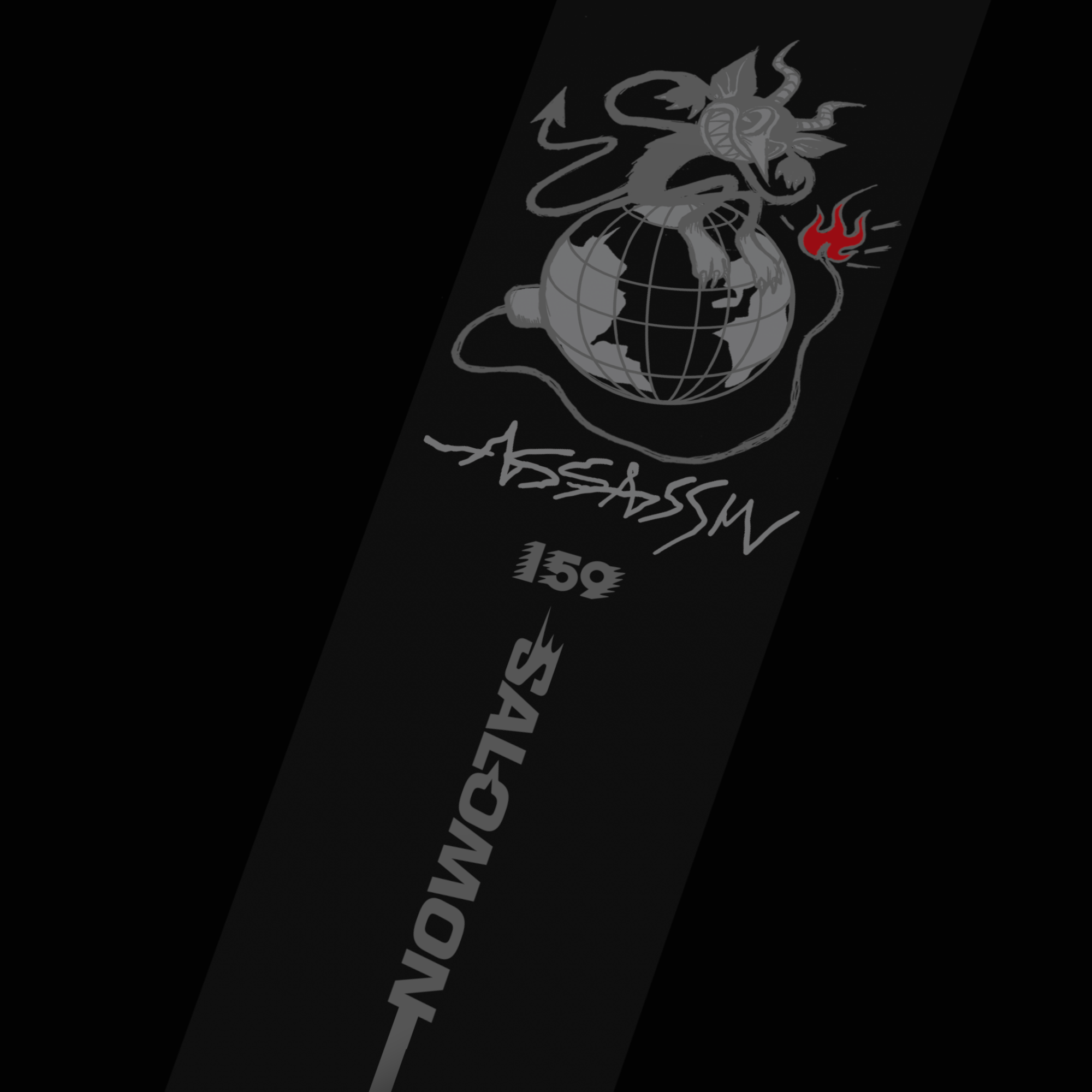 Salomon Assassin Pro Snowboard 2026 - A black snowboard with a white logo featuring a stylized "A" and "Pro" in bold font, set against a dark background.