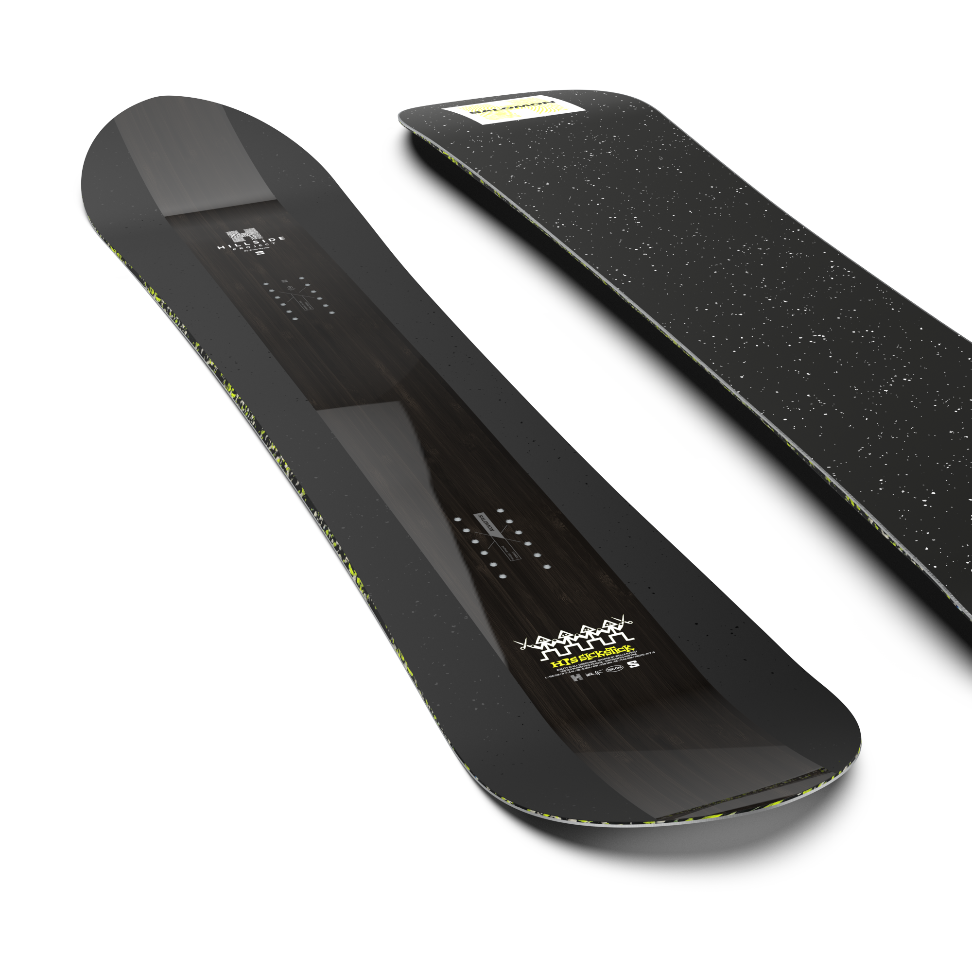 Salomon HPS Sickstick Snowboard 2026 - A black snowboard with white speckles and a yellow logo on top.
