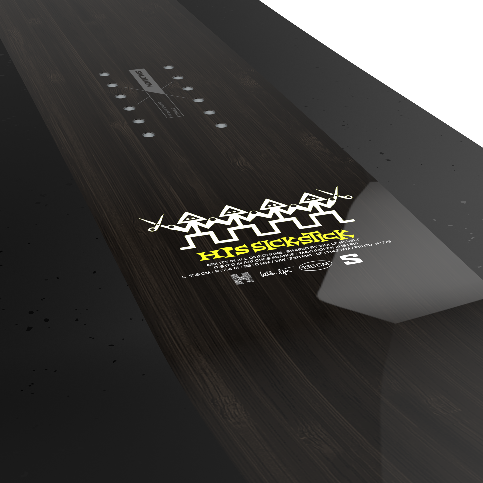 Salomon HPS Sickstick Snowboard 2026 - A black snowboard with white lettering and a geometric pattern on top.