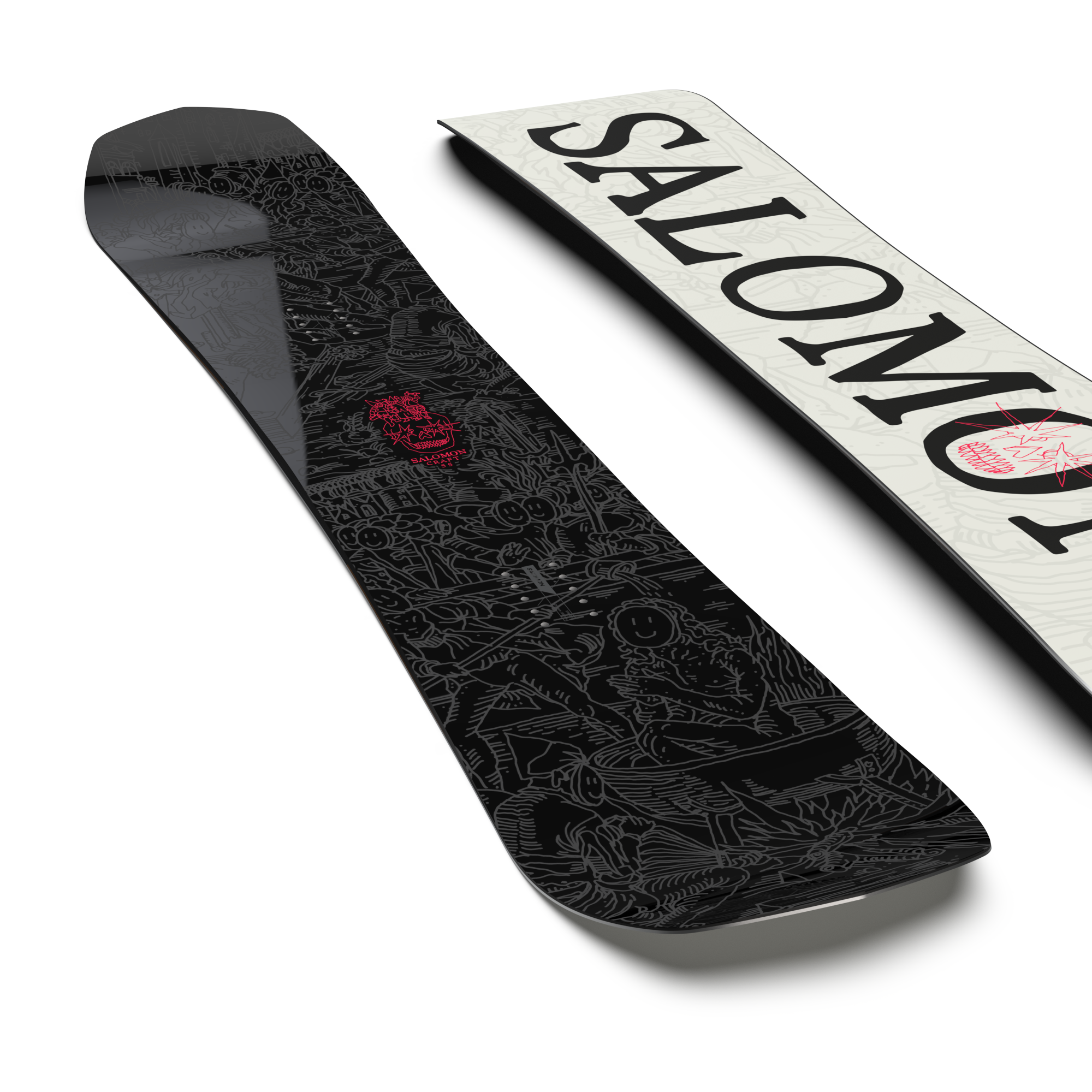 Salomon Craft Snowboard 2026 - A black snowboard with a red logo featuring a skull and crossbones design.