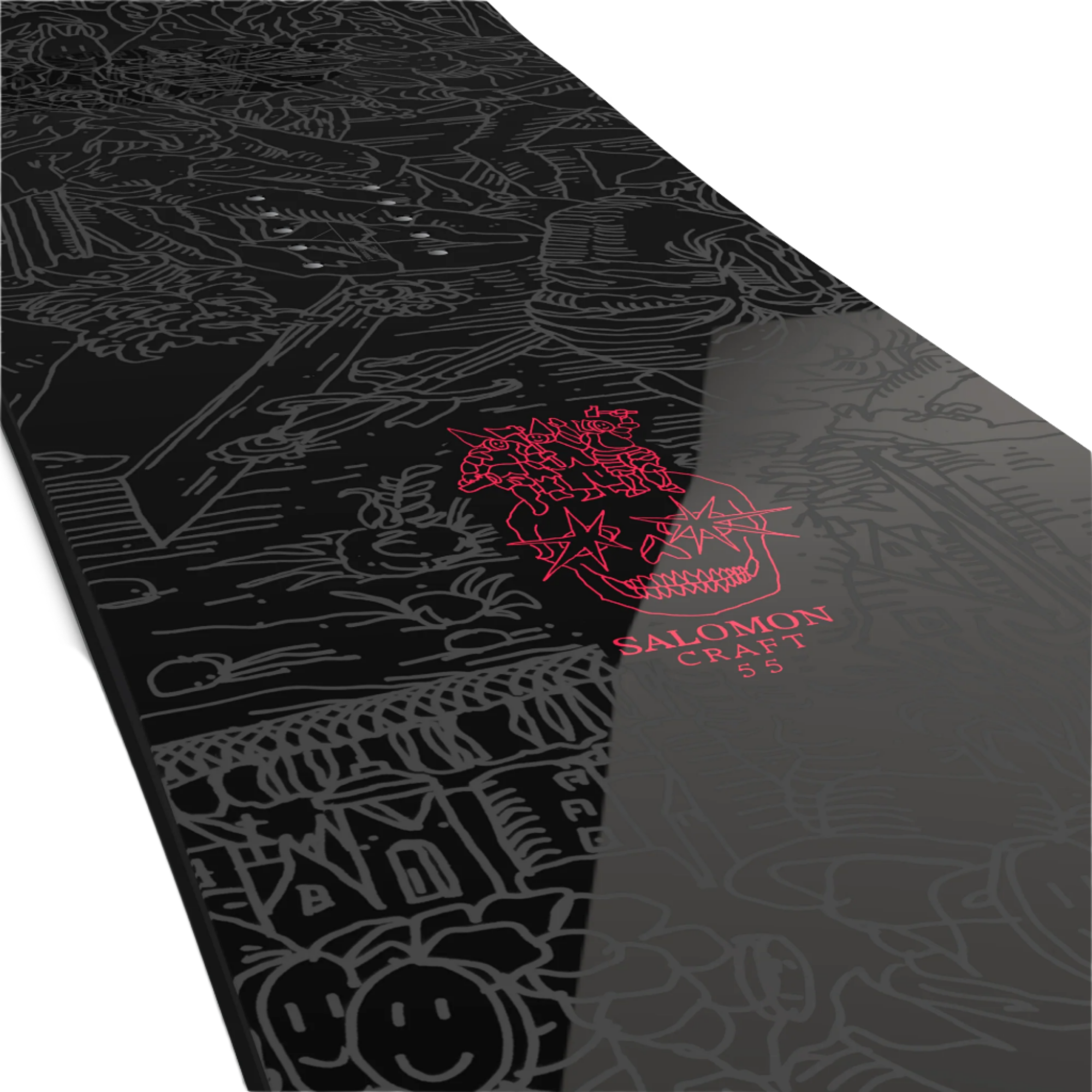 Salomon Craft Snowboard 2026 - Black snowboard with white line art of a skier and trees on top, featuring a red star logo in the center.