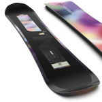 Salomon Women's Wonder Snowboard 2026 - A black snowboard with a white logo and text on top, featuring a rainbow-colored design at the bottom.