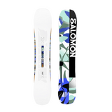 Salomon Women's Rumble Fish Snowboard 2026 - A white snowboard with a blue and green abstract pattern on its top surface.