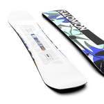 Salomon Women's Rumble Fish Snowboard 2026 - A white snowboard with a blue and green abstract design on top of a black background.