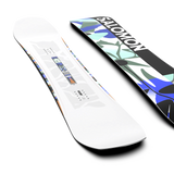 Salomon Women's Rumble Fish Snowboard 2026 - A white snowboard with a blue and green abstract design on top of a black background.