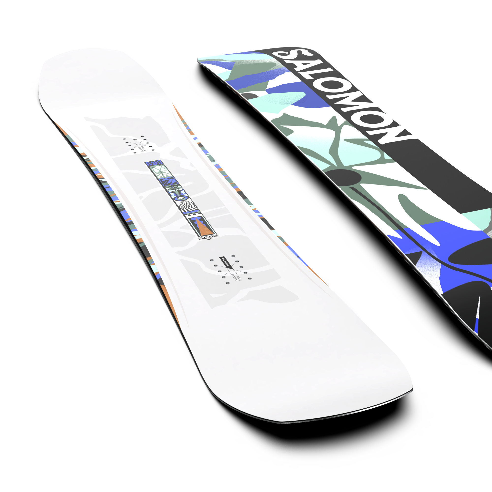Salomon Women's Rumble Fish Snowboard 2026 - A white snowboard with a blue and green abstract design on top of a black background.