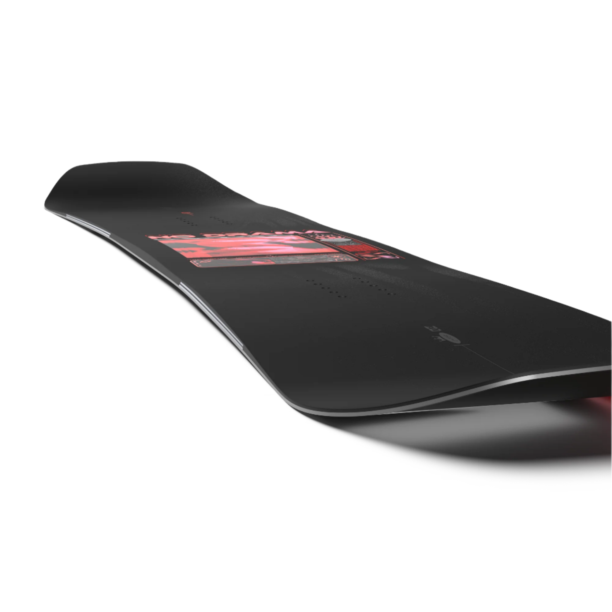 Salomon Women's No Drama Snowboard 2026 - A black snowboard with a red and white striped design on top.