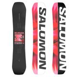 Salomon Women's No Drama Snowboard 2026 - A black snowboard with a pink and grey abstract design on top of a white background.