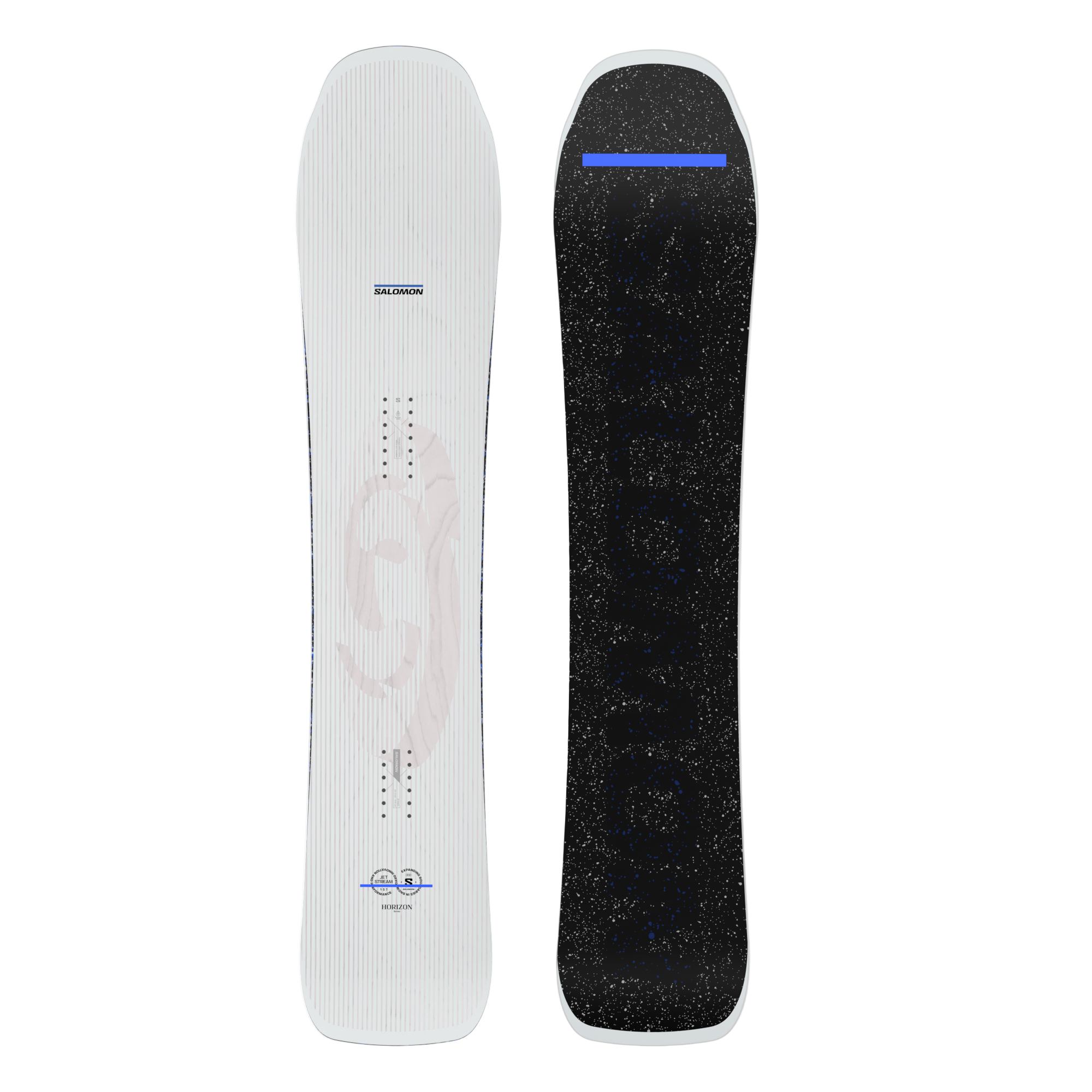 Salomon Jetstream Snowboard 2026 - A white snowboard with a blue stripe on top and a gray logo in the middle.