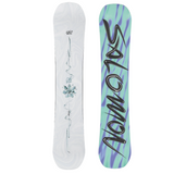 Salomon Women's Oh Yeah Snowboard 2026 - A white snowboard with a blue floral design and black writing on top.
