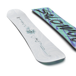 Salomon Women's Oh Yeah Snowboard 2026 - A white snowboard with a blue floral design and black writing on top.