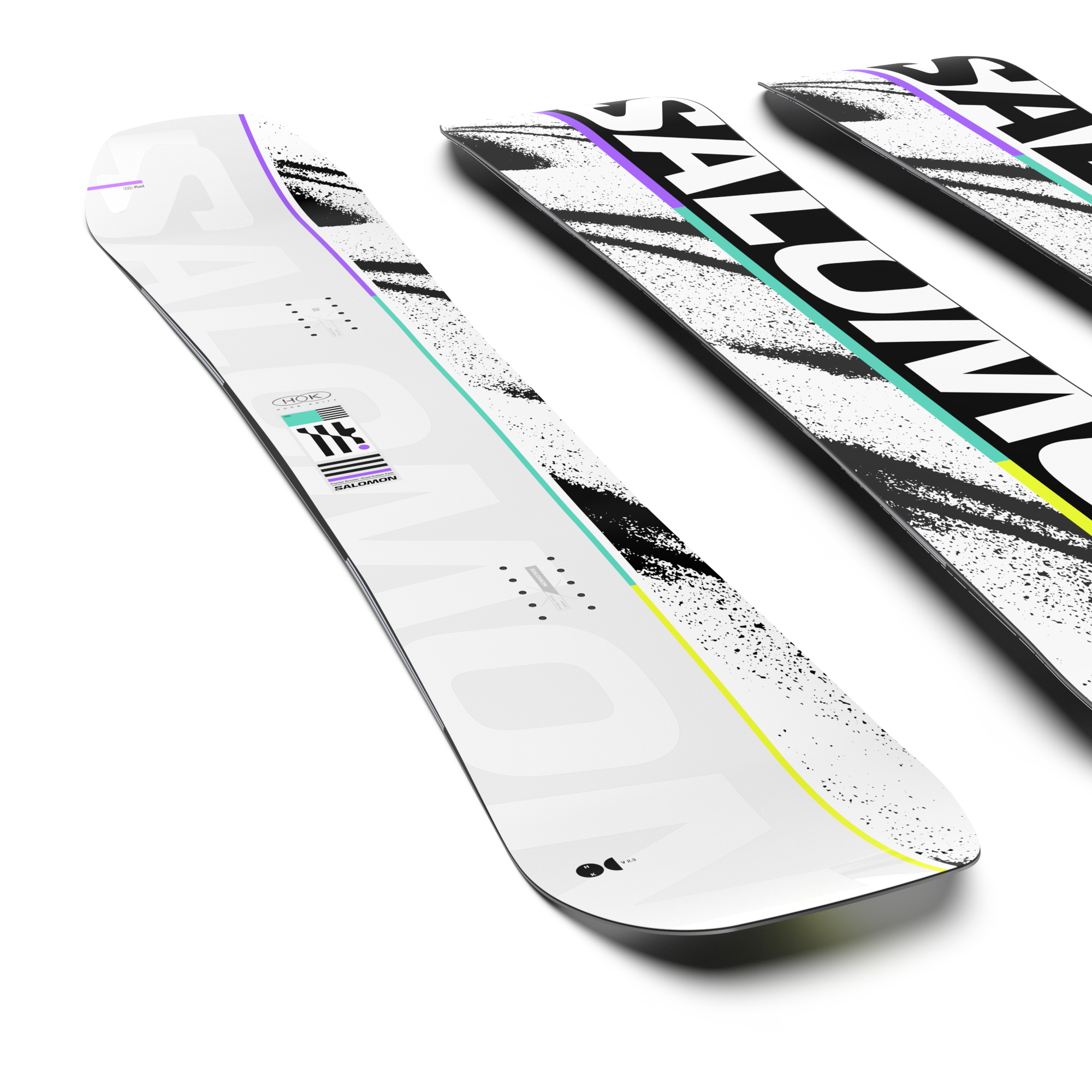 Salomon Huck Knife Snowboard 2026 - A white snowboard with black stripes and a purple stripe along the top edge.
