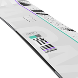 Salomon Huck Knife Snowboard 2026 - A white snowboard with black and purple accents, featuring a distinctive pattern of diagonal stripes on its top surface.