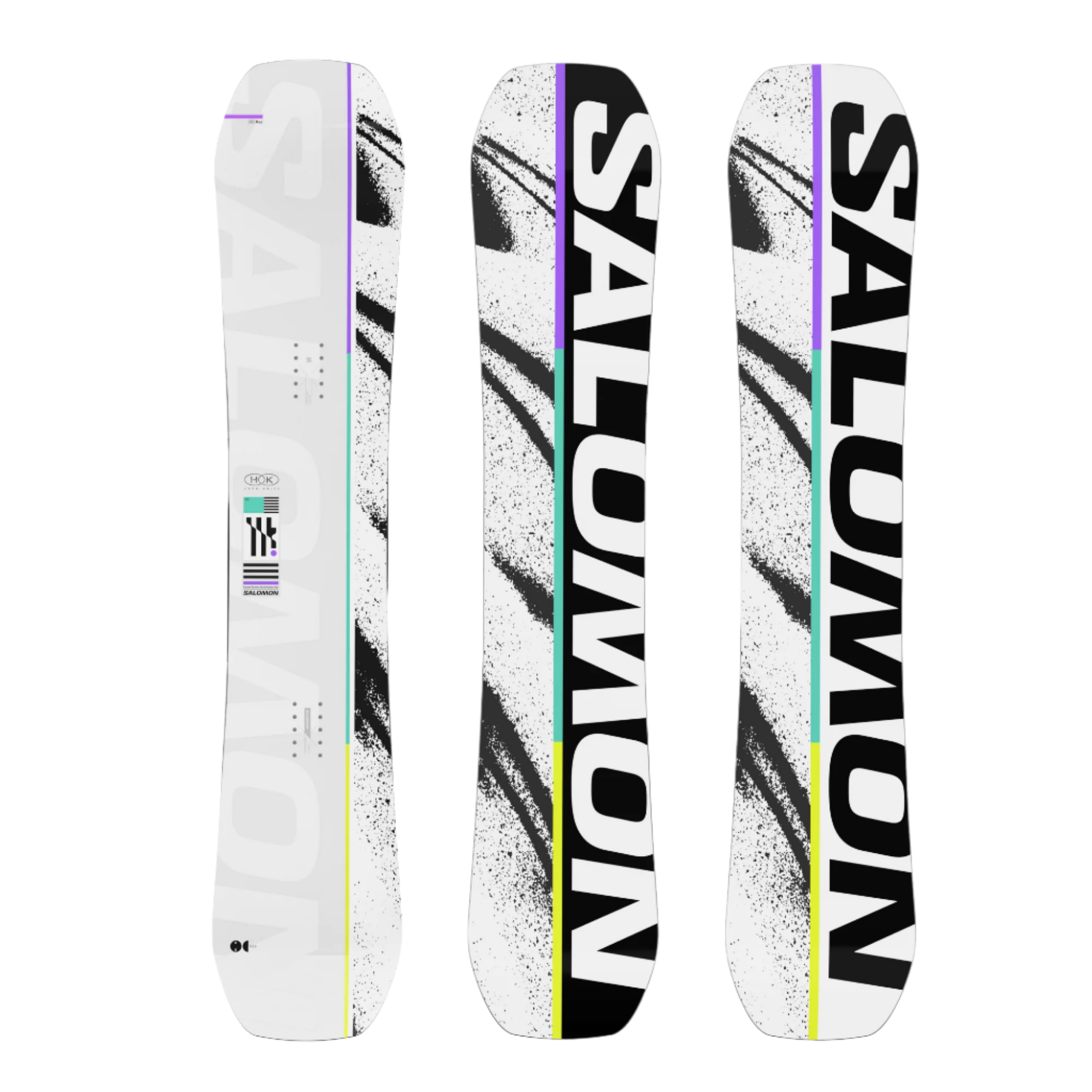 Salomon Huck Knife Snowboard 2026 - A white snowboard with black and purple accents, featuring a geometric pattern on its top surface.