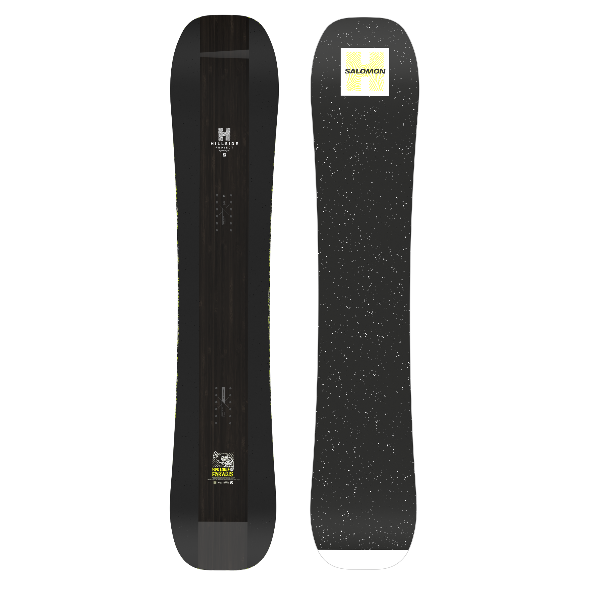Salomon HPS Louif Paradis Snowboard 2026 - A black snowboard with a white logo featuring a stylized "H" and the word "SALOMON".