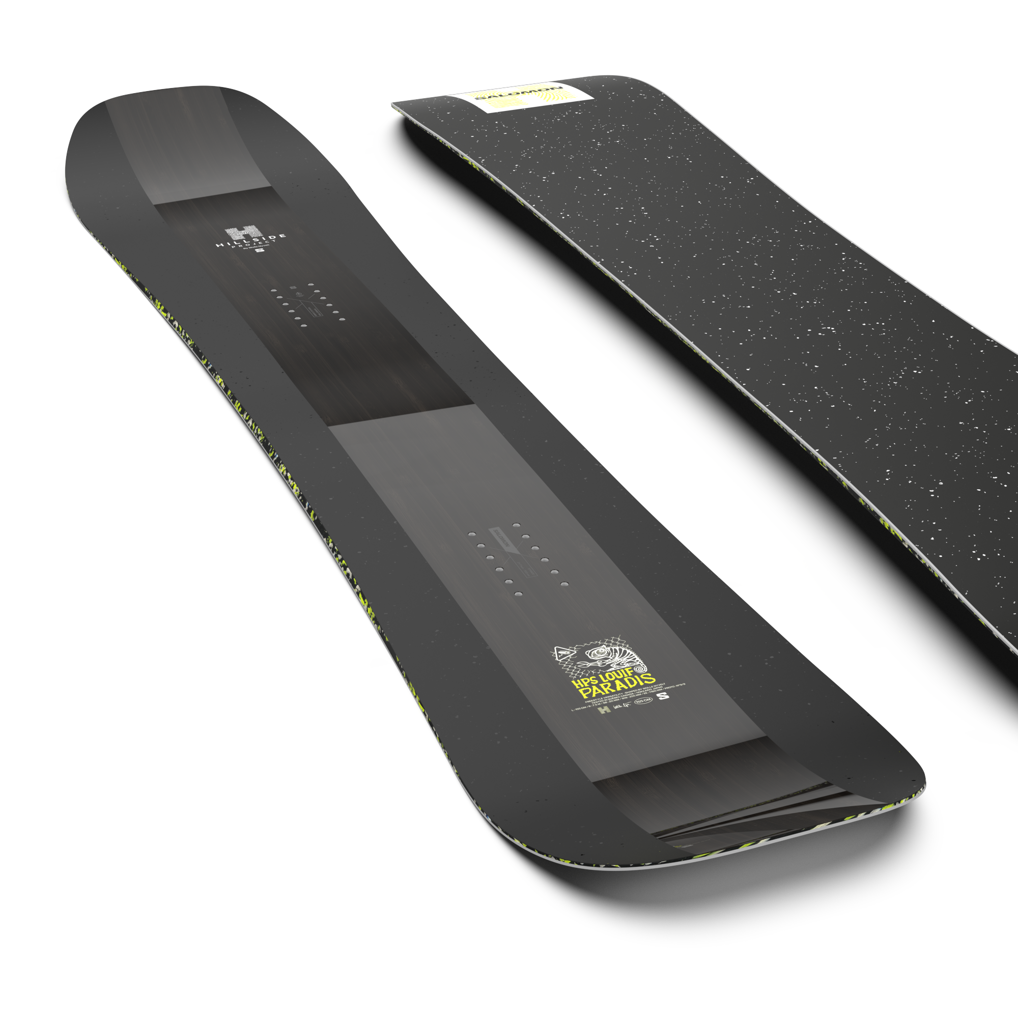 Salomon HPS Louif Paradis Snowboard 2026 - A black snowboard with a white logo and yellow lettering on top of it.