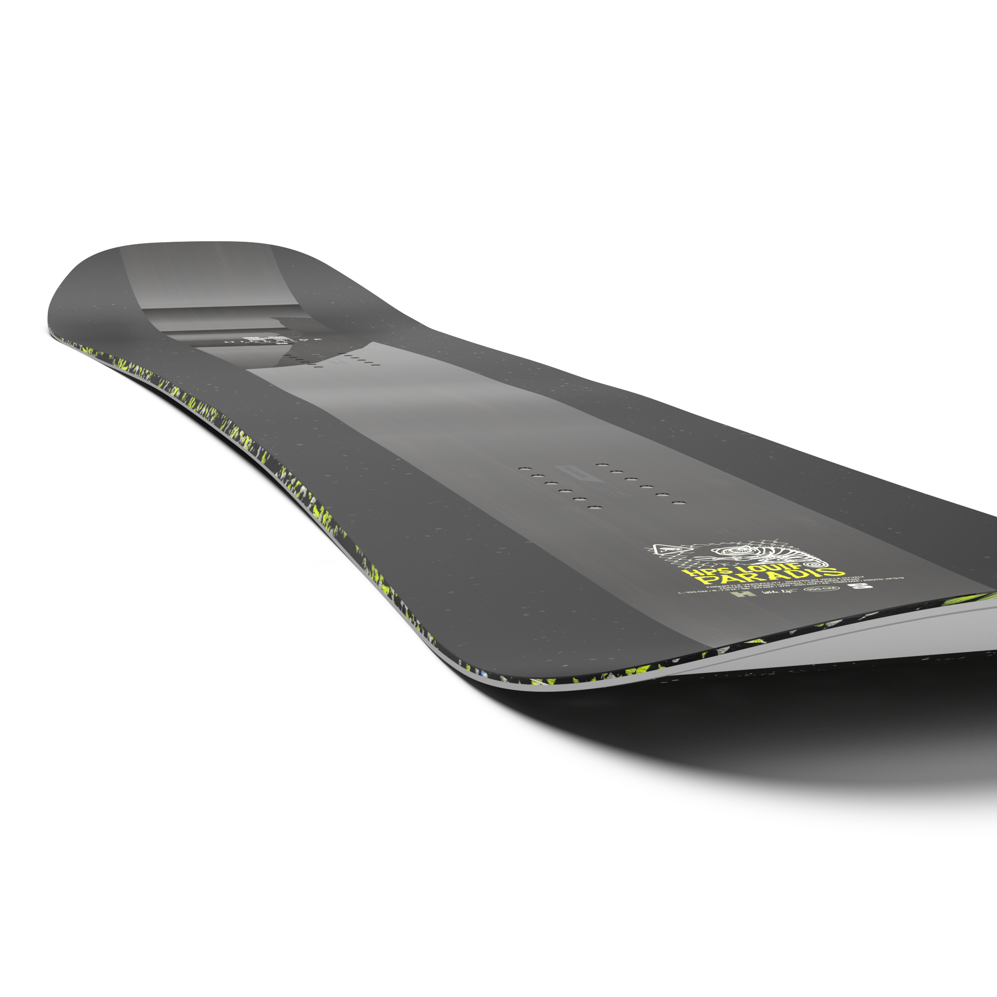 Salomon HPS Louif Paradis Snowboard 2026 - A black snowboard with a white logo and yellow lettering on top, featuring a gray stripe down the middle.