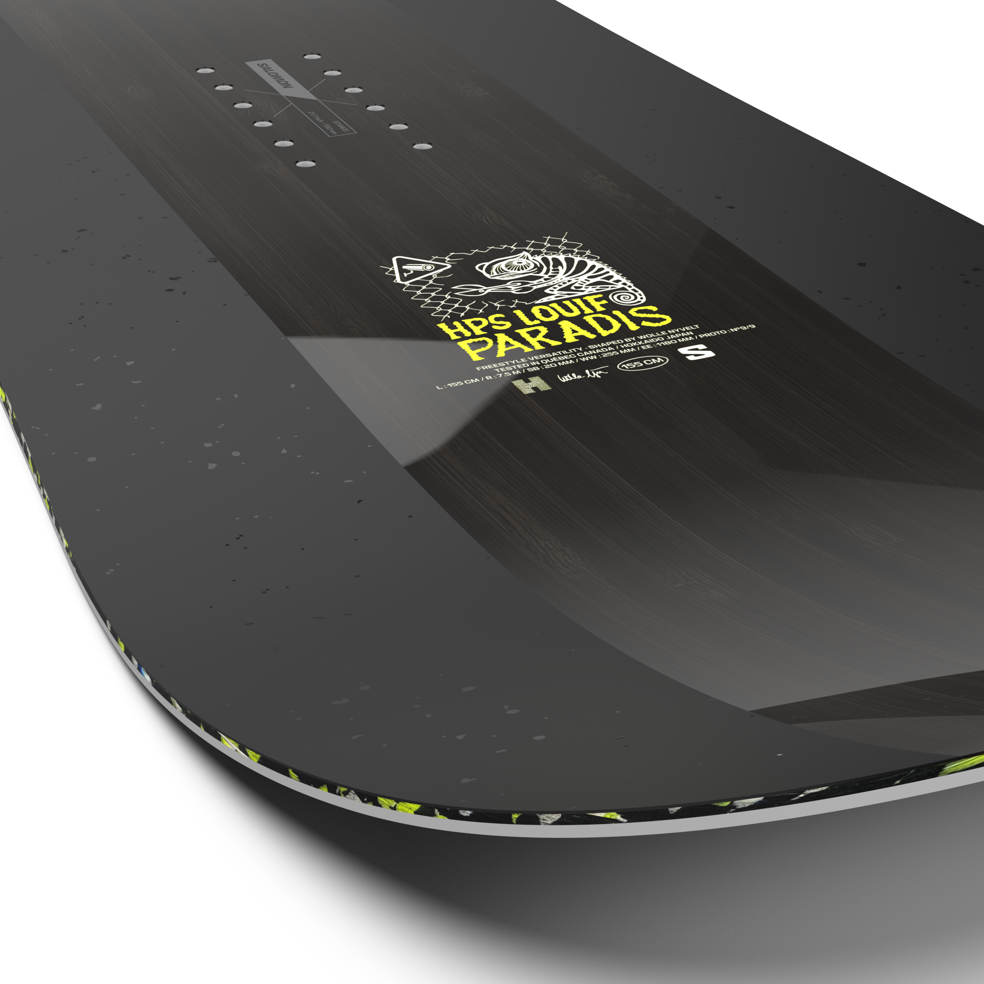Salomon HPS Louif Paradis Snowboard 2026 - A black snowboard with a white logo featuring a stylized fish and the words "HPS LOUIF PARADIS" in yellow text.