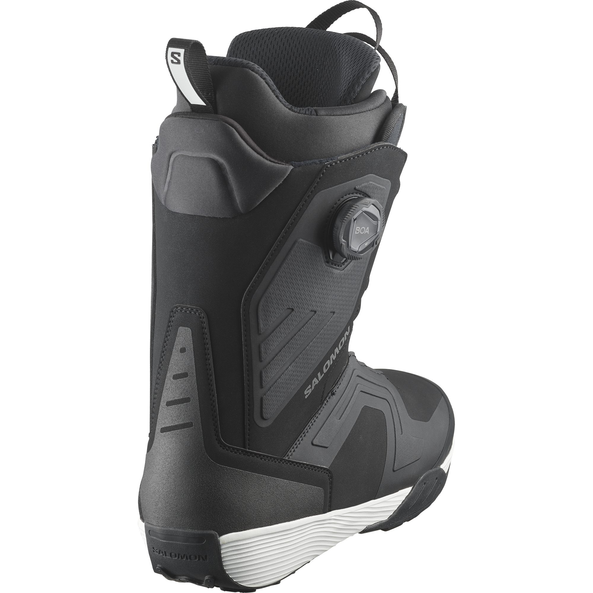 Salomon Dialogue Dual BOA Snowboard Boot - A black snowboard boot with a textured pattern on the side and a white logo that reads "BOA" on the front.