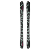 Pair of Salomon QST 100 skis, dark camo with pink accents