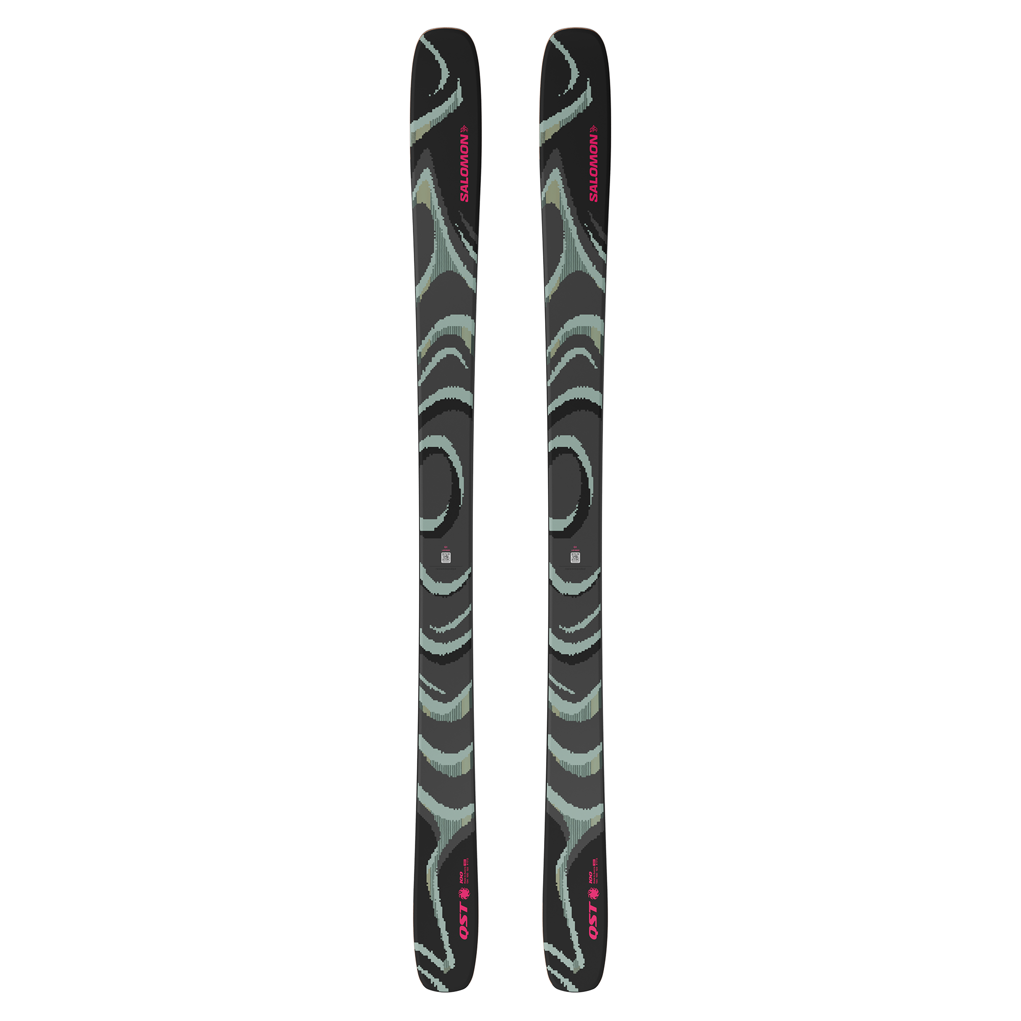 Pair of Salomon QST 100 skis, dark camo with pink accents