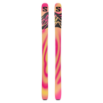Pair of Salomon QST 100 skis, bright pink and orange geometric topsheet