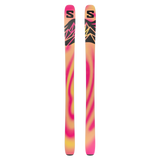 Pair of Salomon QST 100 skis, bright pink and orange geometric topsheet