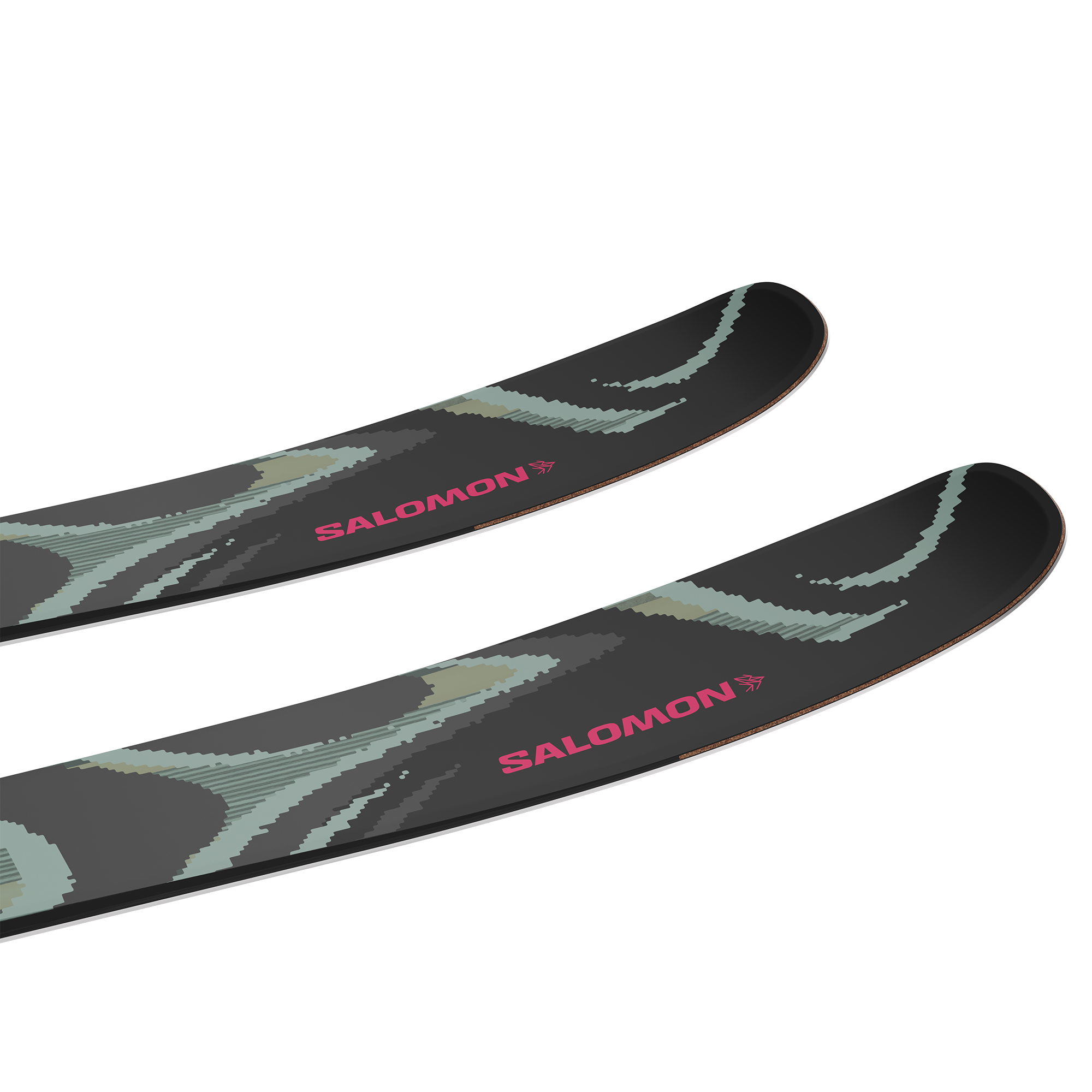 Salomon QST 100 skis, camo topsheet with Salomon logo on side