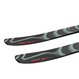 Salomon QST 100 skis, close-up of pink O.S.T. lettering on camo topsheet