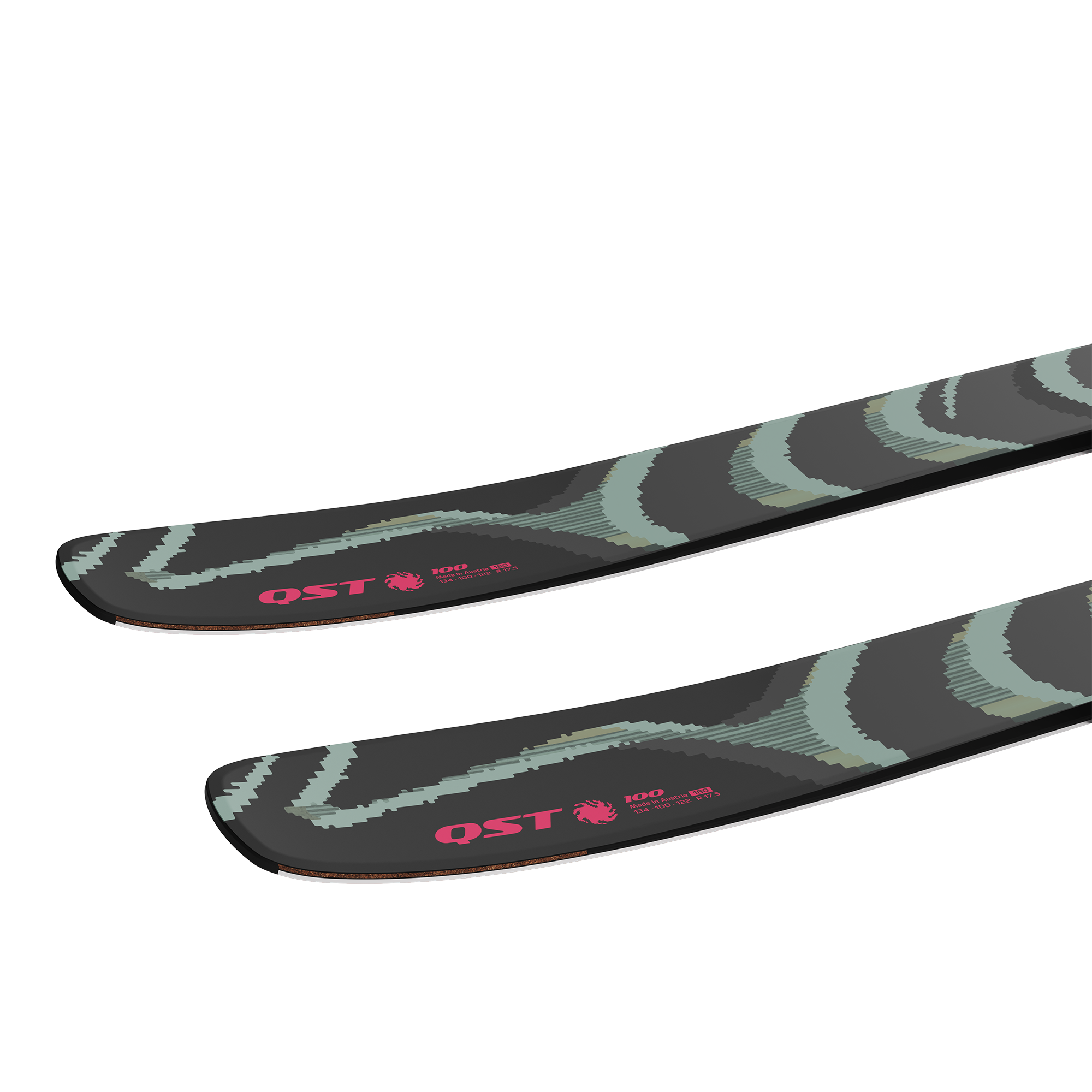 Salomon QST 100 skis, close-up of pink O.S.T. lettering on camo topsheet