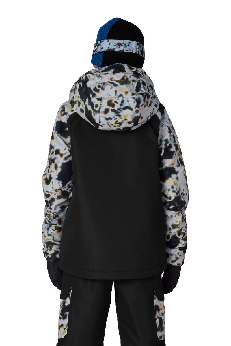 Boys' animal-print insulated jacket back view with hood, black lower panel, zip