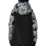 Boys' animal-print insulated jacket back view with hood, black lower panel, zip