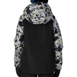 Boys' animal-print insulated jacket back view with hood, black lower panel, zip