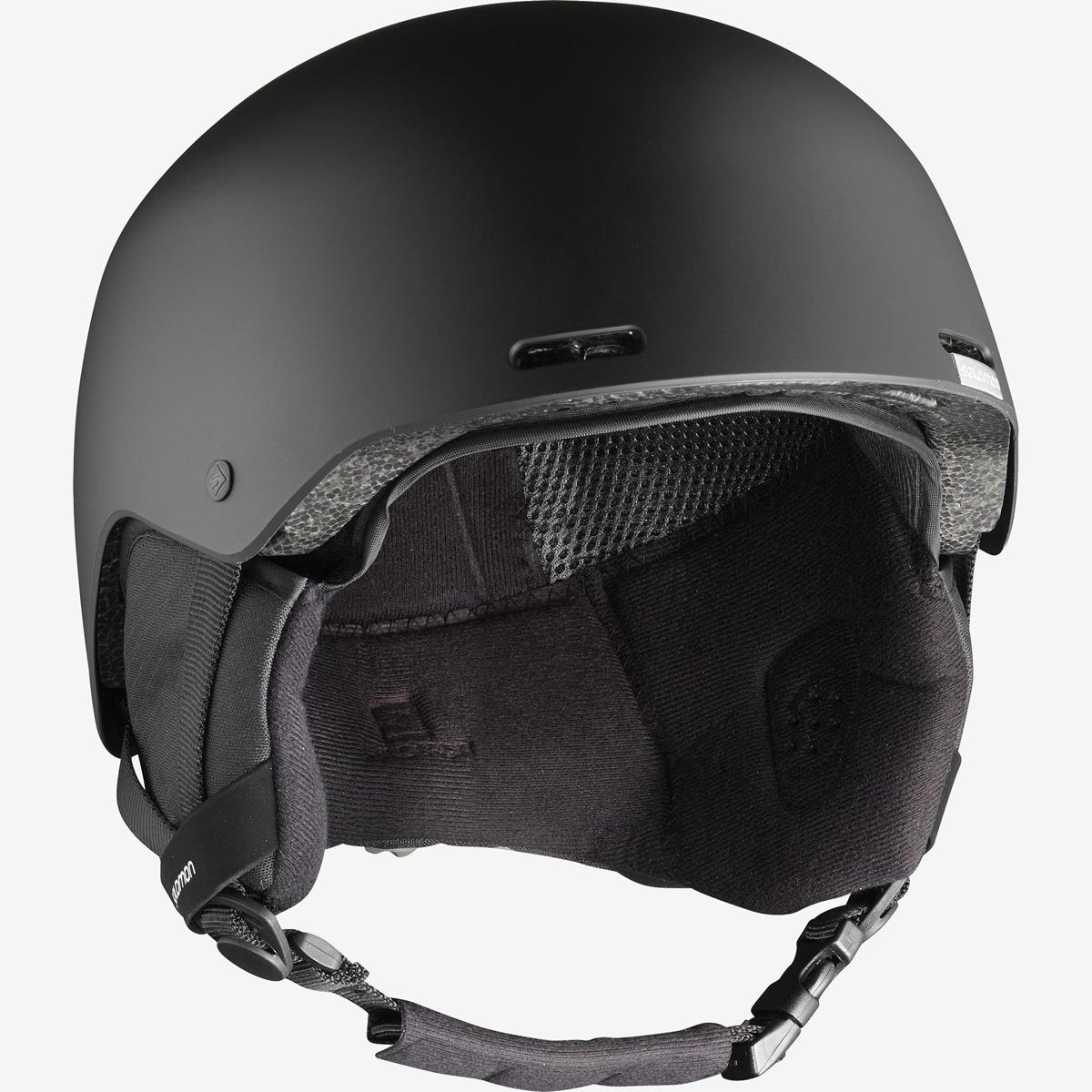 Salomon Brigade RTL Helmet 2023 - Matte black helmet with a white logo on the front and adjustable straps at the back.