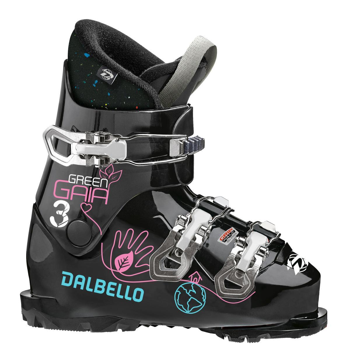 Dalbello Kid's Gaia 3.0 GW Ski Boots 2023 - Black ski boots with white and pink lettering, featuring a green logo on the side.