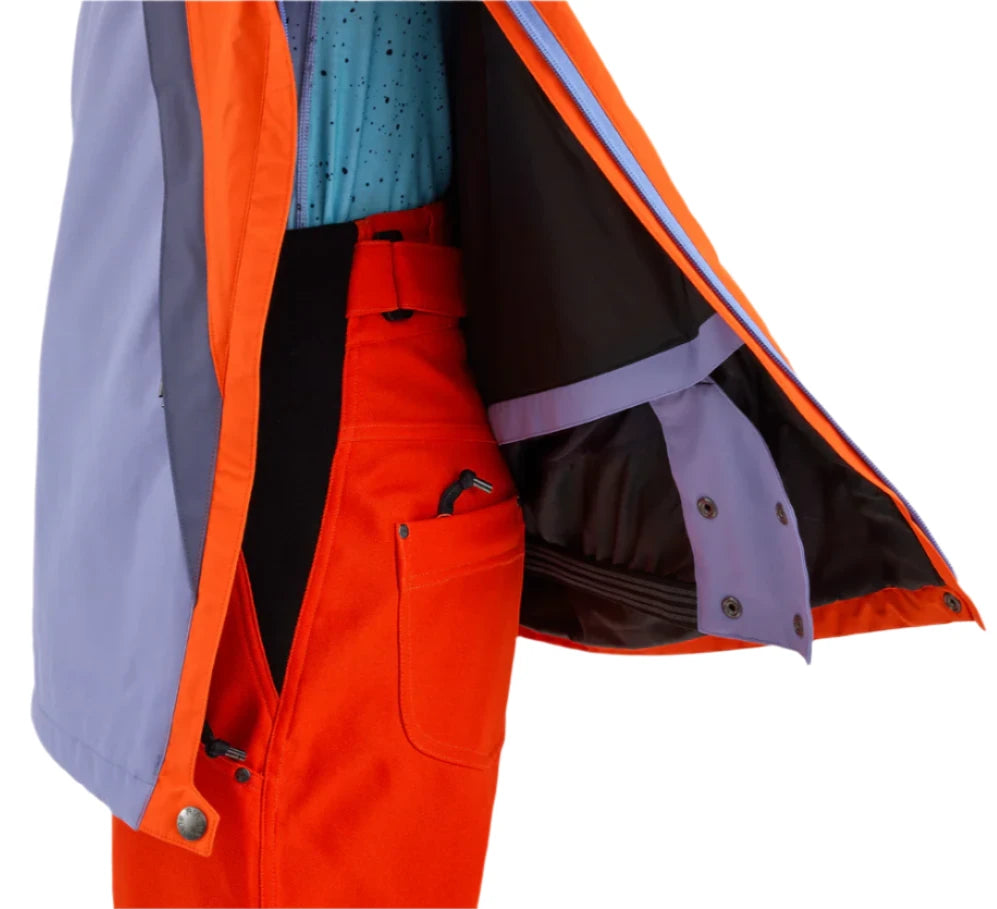 Airblaster Women's Trenchover Insulated Jacket - A black insulated jacket with a hood and zippered pockets, featuring a sleek design with a subtle sheen to the fabric.