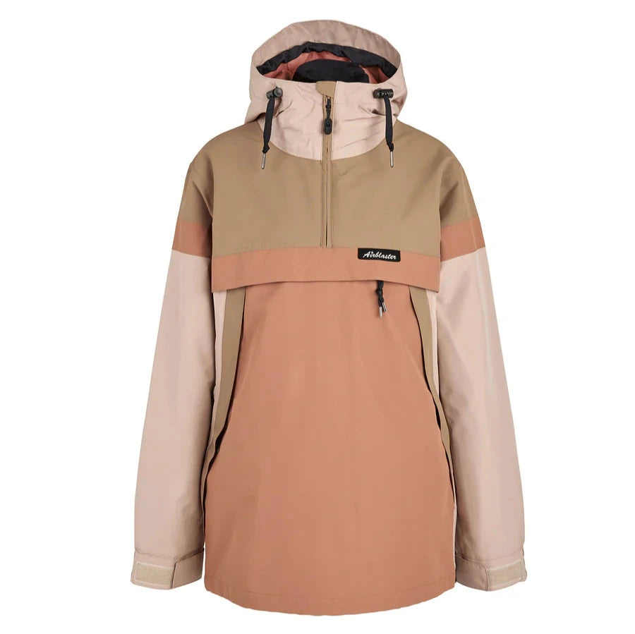 Airblaster Women's Trenchover Insulated Jacket 2025 - A tan and salmon-colored jacket with a hood, featuring black zippers and a black label on the chest.