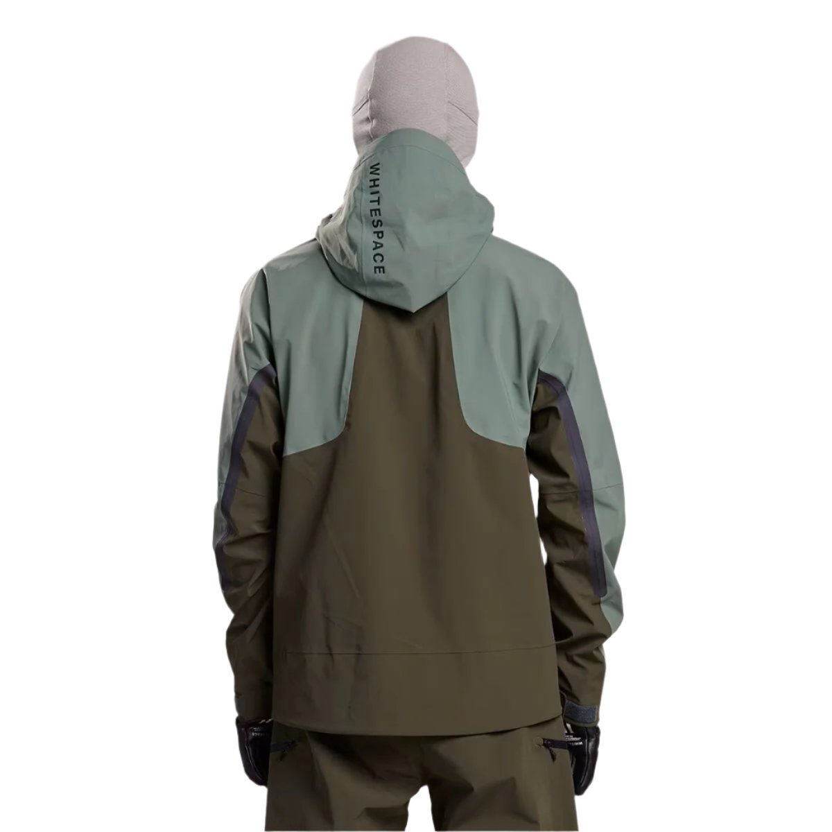 Whitespace 3L Performance Snowboard Jacket 2024 - A dark green snowboard jacket with a hood and black zippers on the chest, sleeves, and pockets.