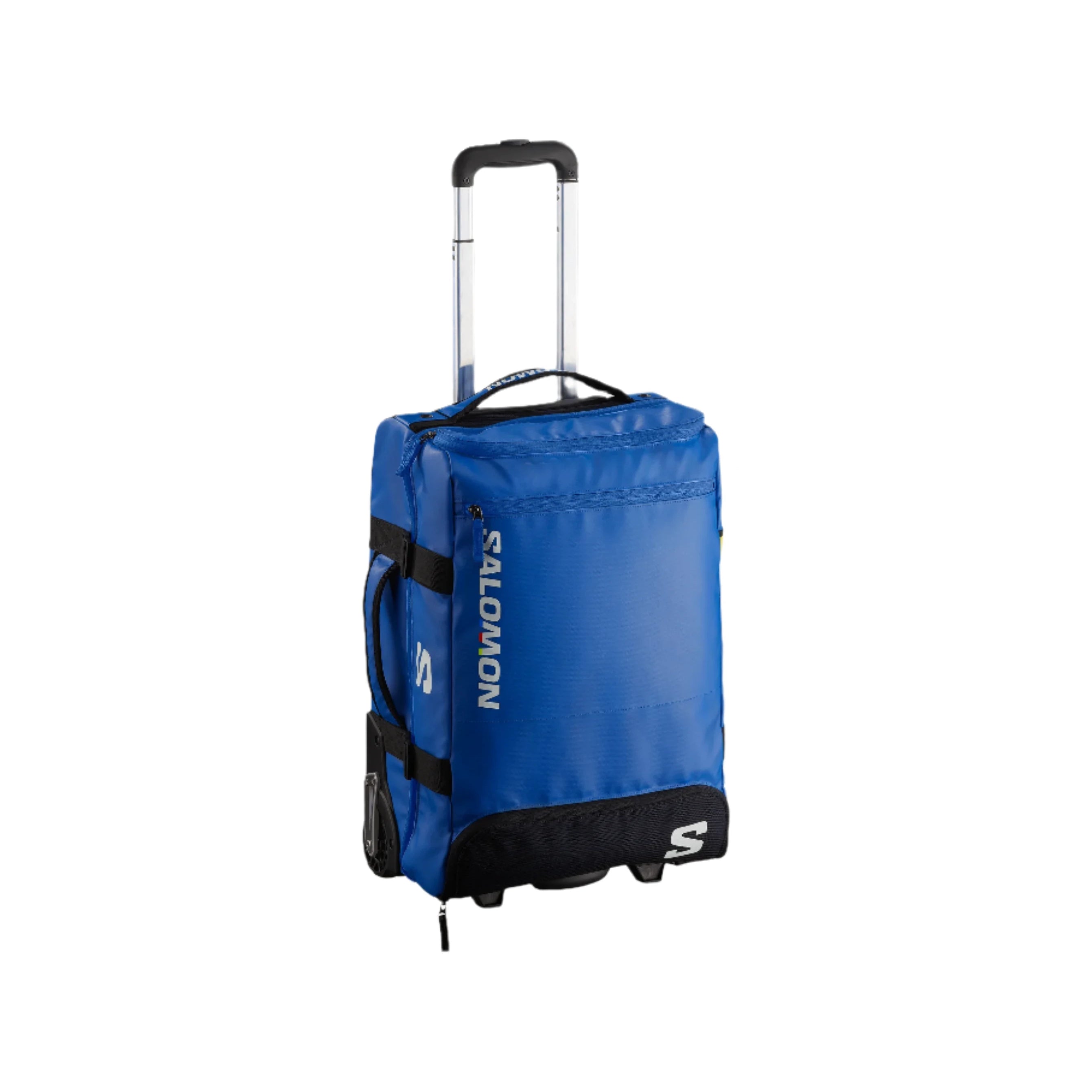 Salomon Cabin Container 70L Bag 2025 - A blue bag with a black handle and white lettering, featuring a zippered pocket on its side.