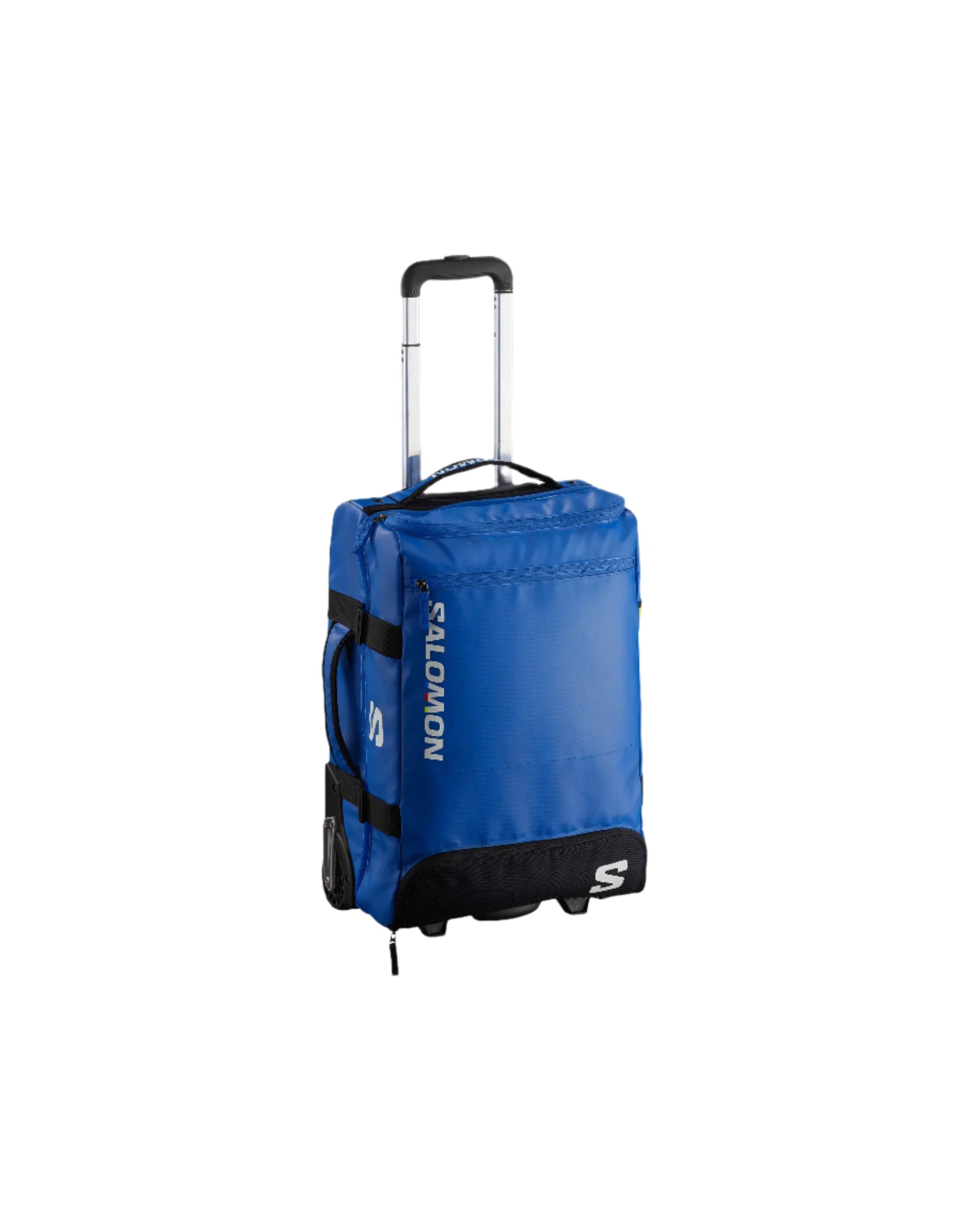 Salomon Cabin Container 70L Bag 2025 - A blue bag with a black handle and white lettering, featuring a zippered pocket on its side.