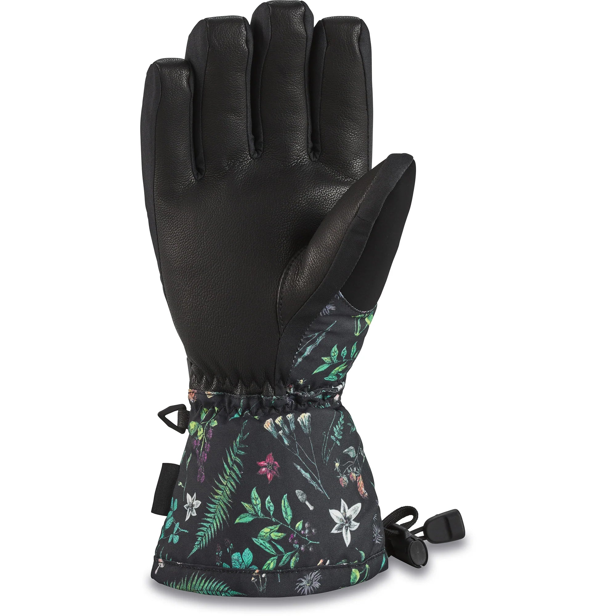 Dakine Women's Camino Leather Gloves 2024 - A pair of black leather gloves with a floral pattern on the wrist strap.
