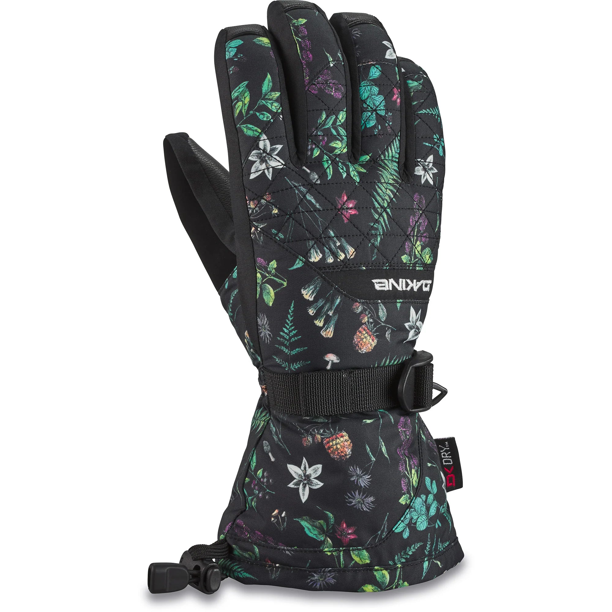 Dakine Women's Camino Leather Gloves 2024 - A pair of black leather gloves with a floral pattern and white stitching.