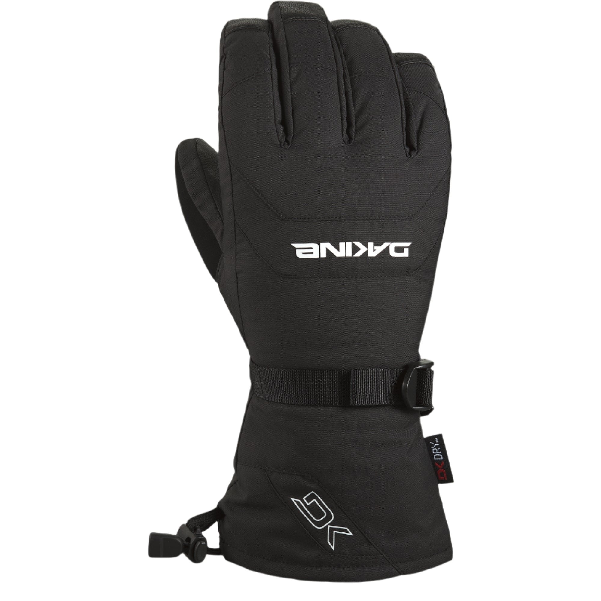 Dakine Leather Scout Glove 2025 - A black glove with a white logo on the back of the hand and a strap closure at the wrist.