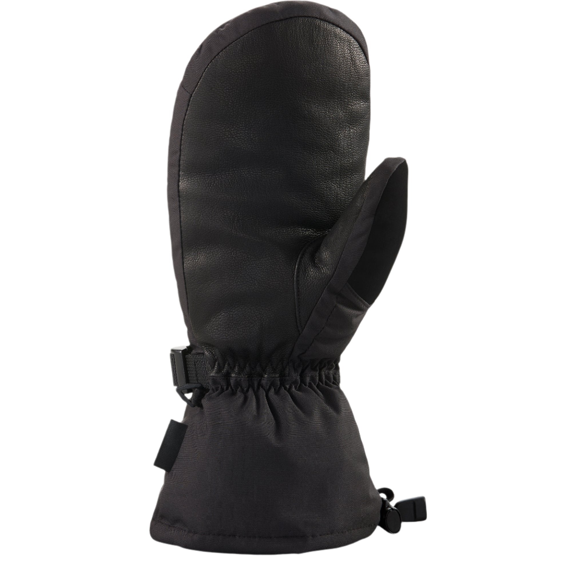 Dakine Leather Scout Mitt 2025 - A black leather mitt with a strap and buckle closure on the wrist, featuring a textured palm and thumb.
