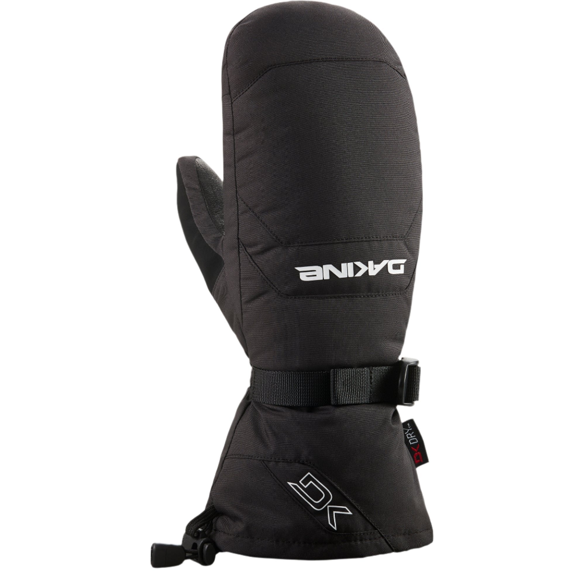 Dakine Leather Scout Mitt 2025 - A black leather mitt with a white logo on the back of the hand and a strap closure at the wrist.