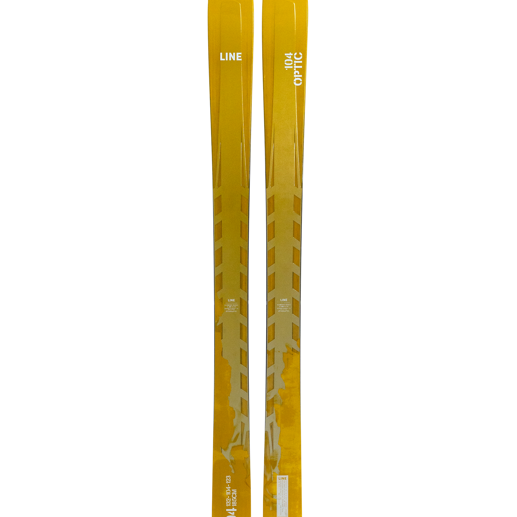 Pair of yellow LINE skis with patterned tops and side graphics