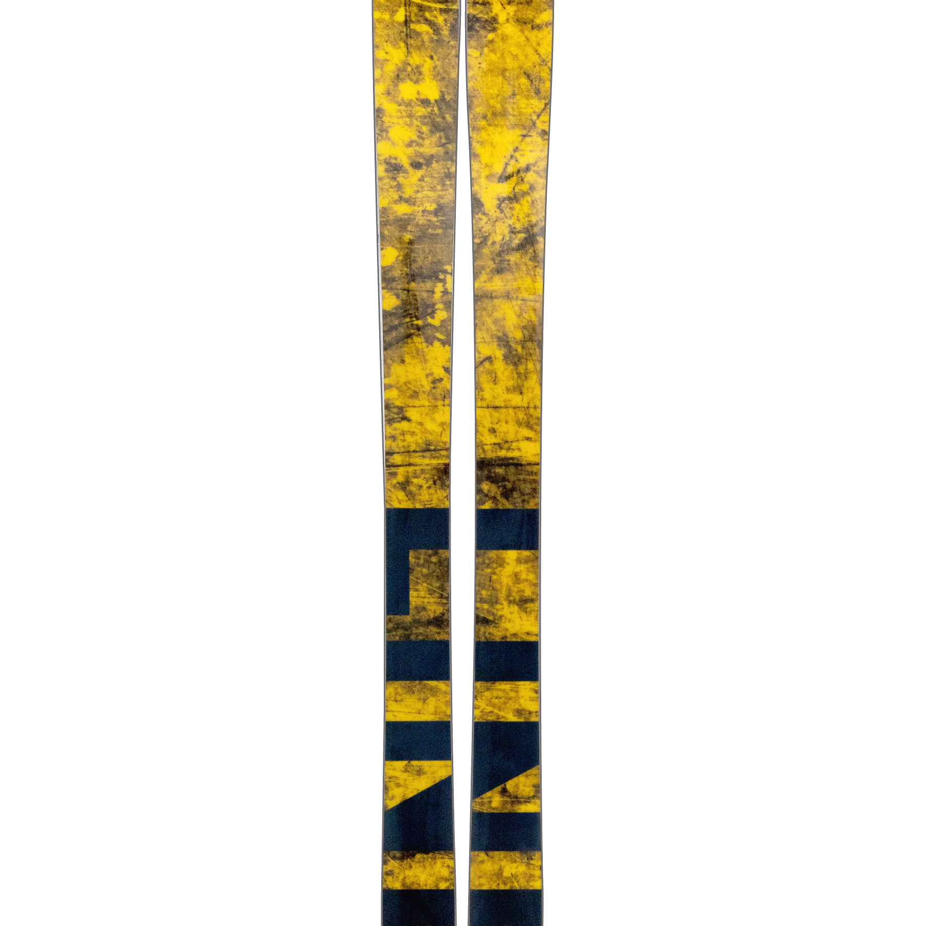 Pair of yellow and gray LINE skis with speckled camo pattern and stripes