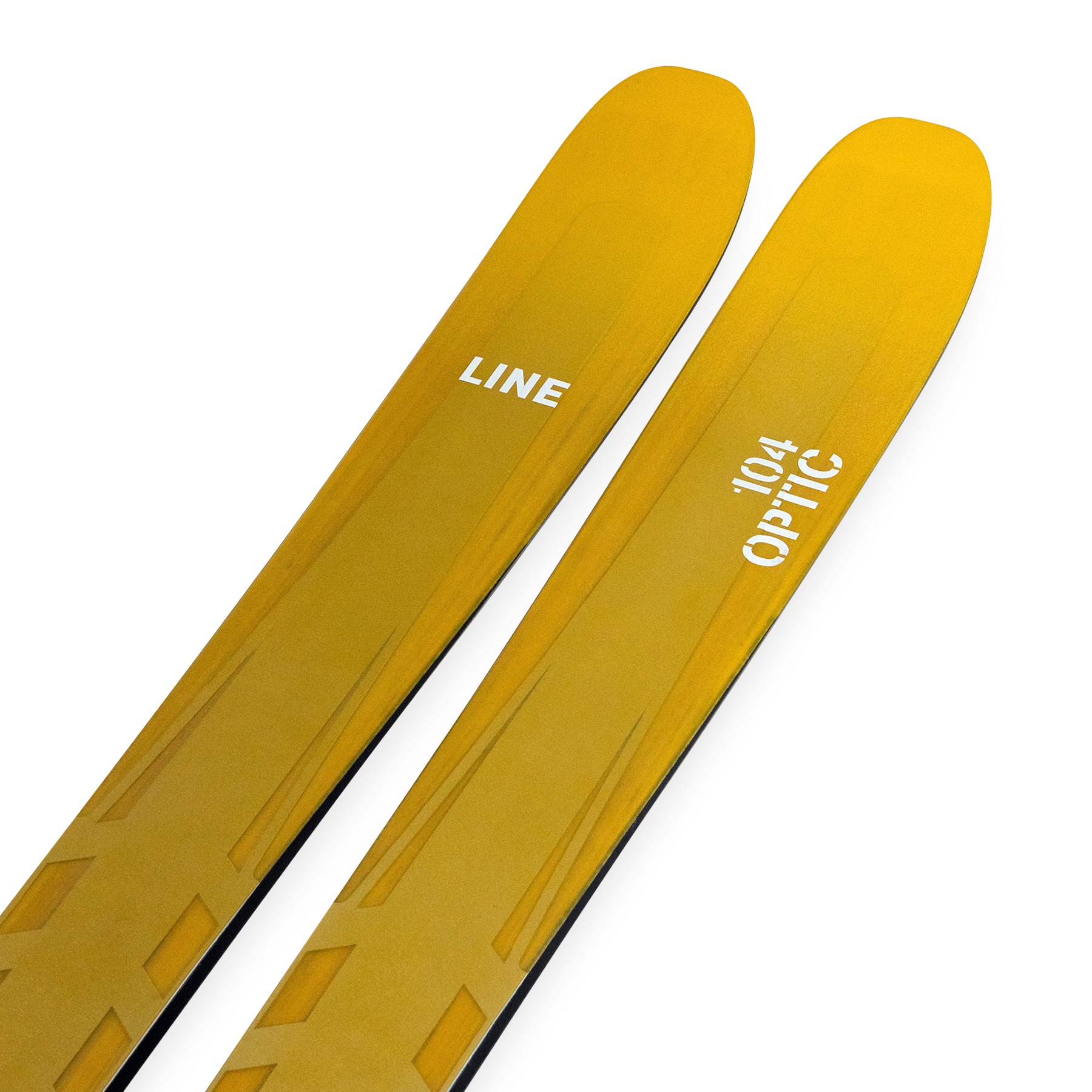 Yellow LINE skis with white sidewall text and diagonal tread pattern