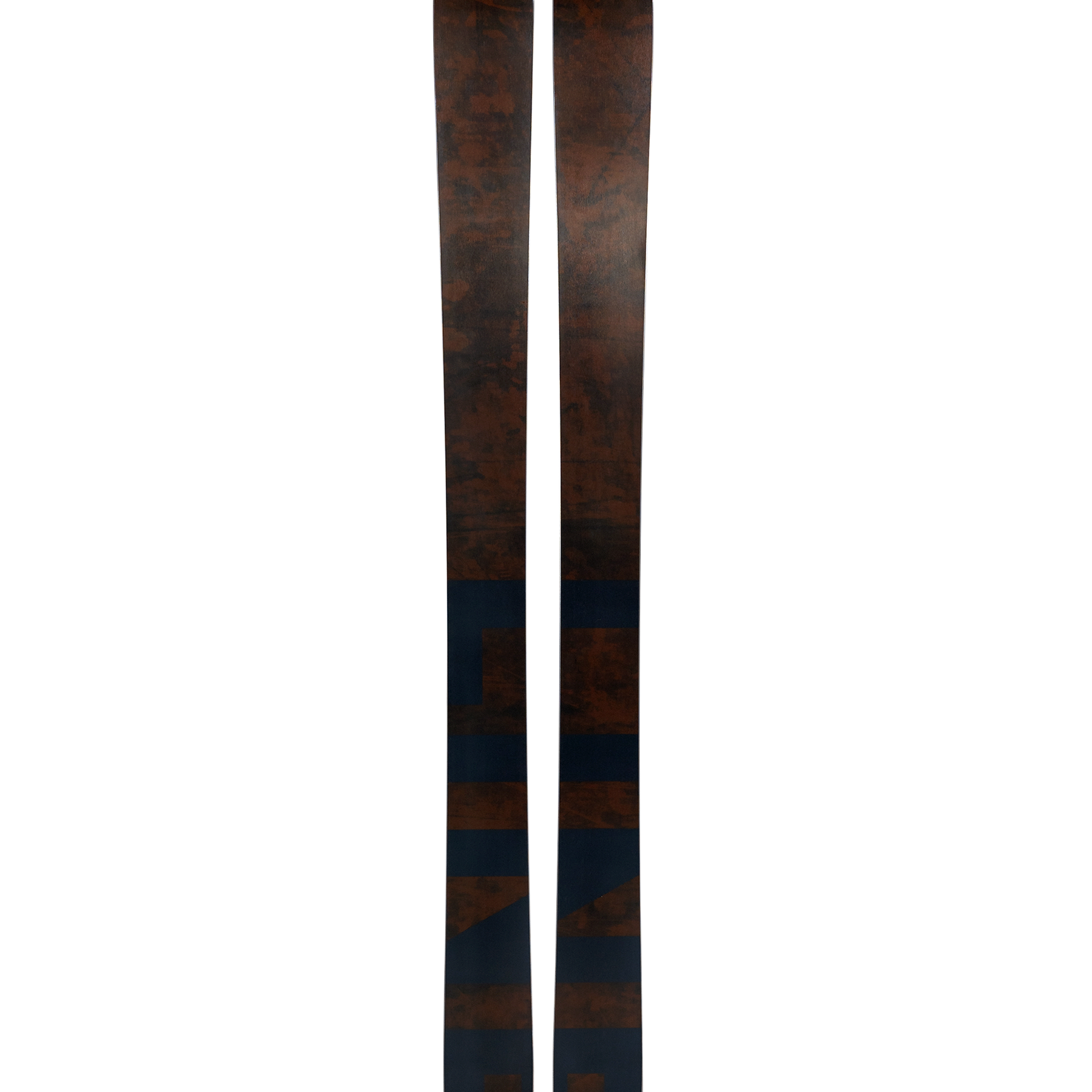 Optic 114 skis in dark brown with blue graphic blocks, pair